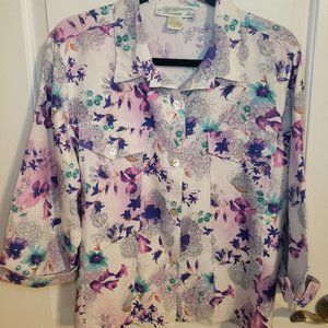 Tropical Print XL Silk Blouse 3/4 Sleeve